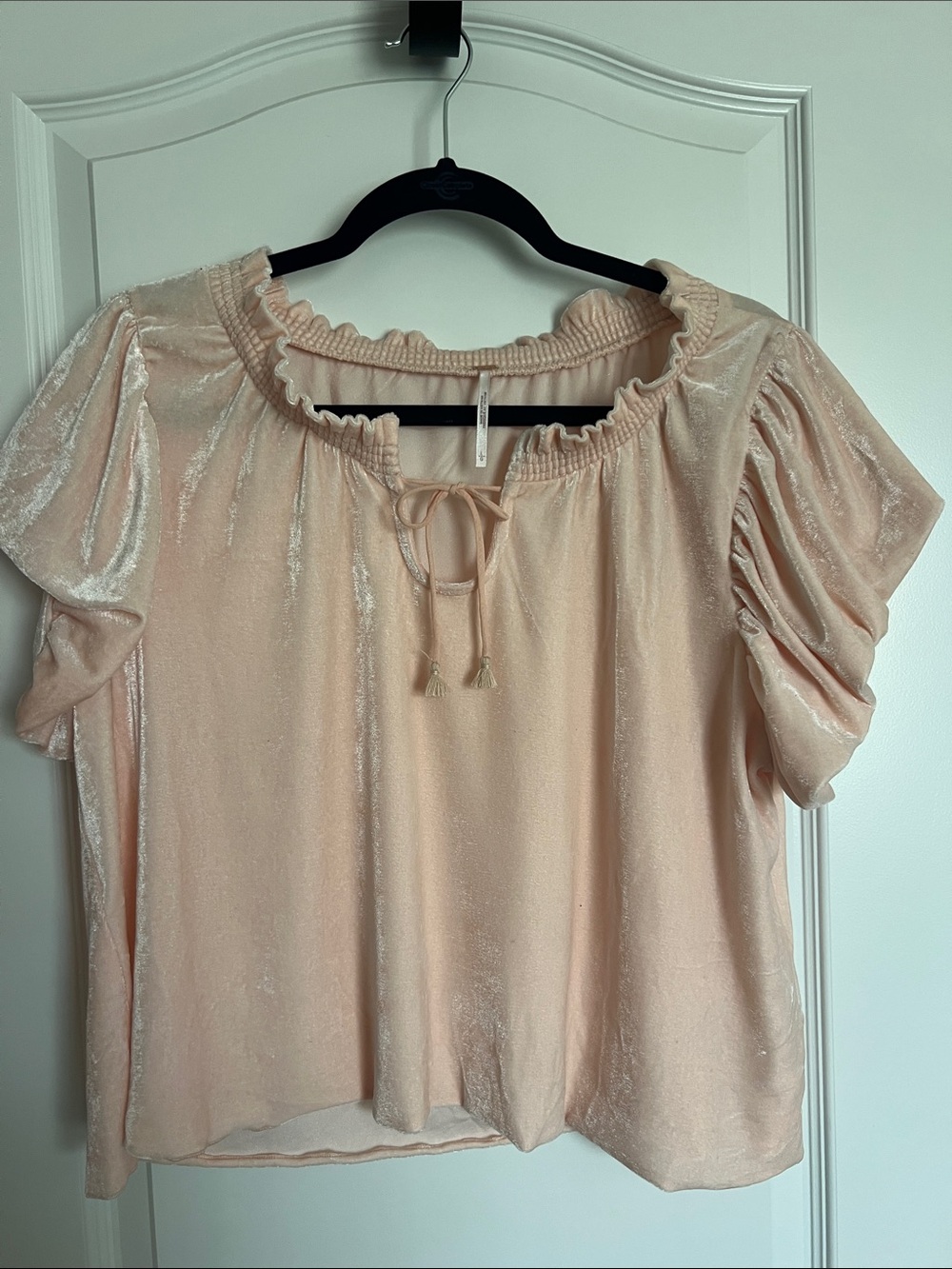 Free People Blush Peach Velvet Ruffled Tie-Neck Top
